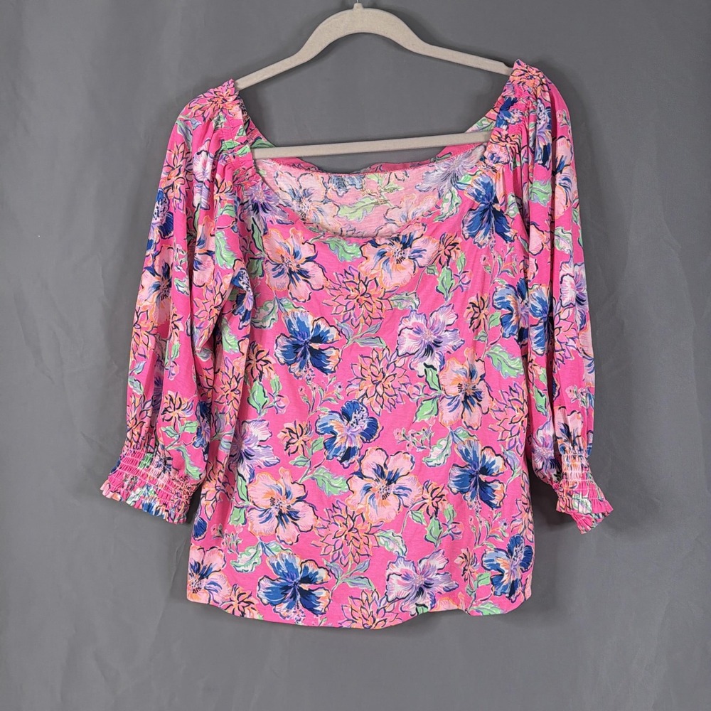 Lilly Pulitzer Lessa Top Womens XL Pink Floral Tropical Cotton Blouse 009547